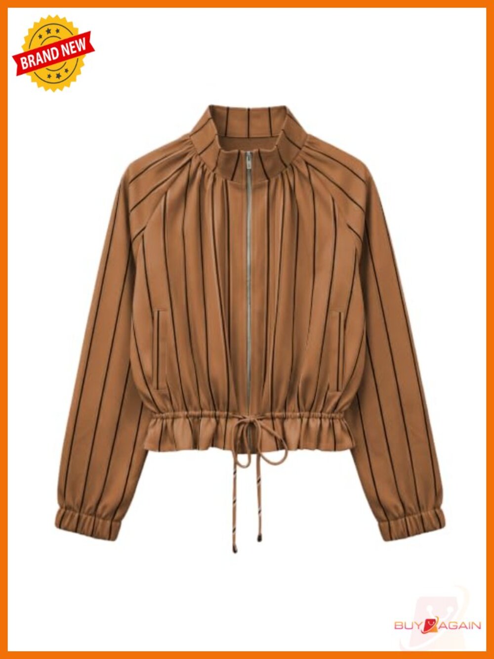 Polyester Zip Up Cropped Ruffle Hem Jacket with Pockets